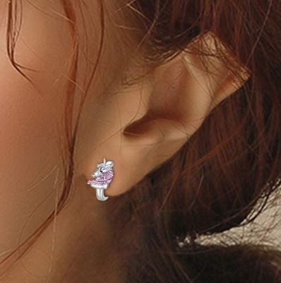 ต่างหูห่วงยูนิคอร์นเงินแท้ 925 ประดับ Pink CZ ขนาด 16 มม. สำหรับเด็ก